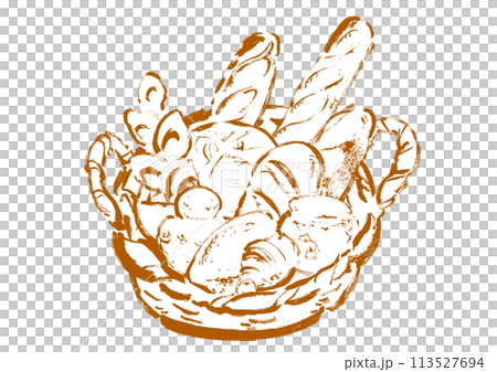 籃子裡各種麵包的手繪插圖 線條畫插圖棕色 籃子裡各種麵包的手繪插圖 線條畫插圖棕色 113527694