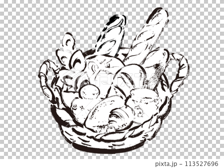 籃子裡各種麵包的手繪插圖 線條描插圖 籃子裡各種麵包的手繪插圖 線條描插圖 113527696