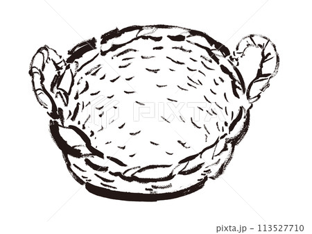 持ち手付きバスケット（かご）の手描きイラスト　線画イラスト 113527710