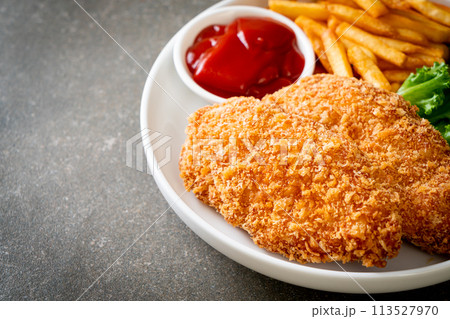 fried chicken breast fillet steak with french fries fried chicken breast fillet steak with french fries 113527970
