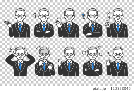 いろいろな表情やポーズをする経営者・管理職のセット【人物ベクターイラスト素材】 いろいろな表情やポーズをする経営者・管理職のセット【人物ベクターイラスト素材】 113528046