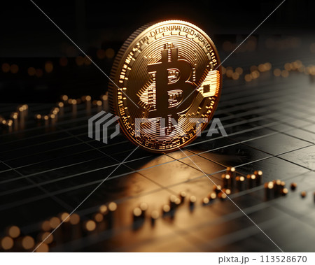 A single Bitcoin coin placed prominently on a backdrop of a financial graph. Generative AI. 113528670