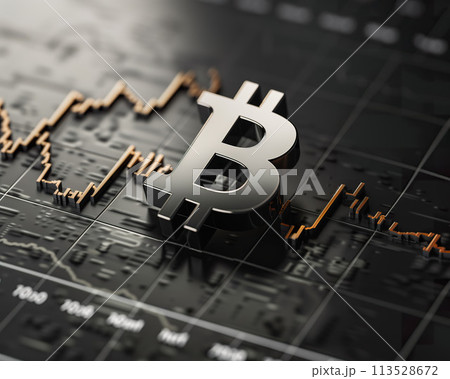 A 3D Bitcoin icon standing solid amidst a backdrop of volatile market graphs. Generative AI. 113528672