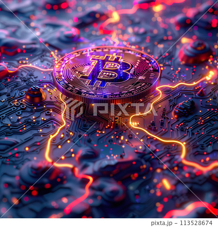 A Bitcoin immersed in the pulsating glow of a circuit board. Generative AI. 113528674