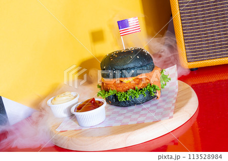fried shrimps burger on wood tray fried shrimps burger on wood tray 113528984