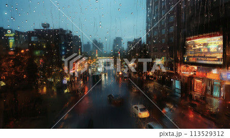 雨の降る夜の街をガラス越しに見た風景 雨の降る夜の街をガラス越しに見た風景 113529312