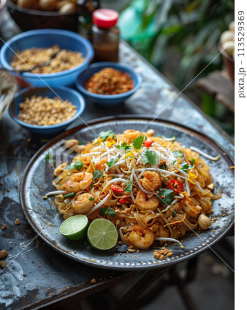 Top view of a plate of Pad Thai on an aged metal table at an outdoor Bangkok food stall. Generative AI. 113529369