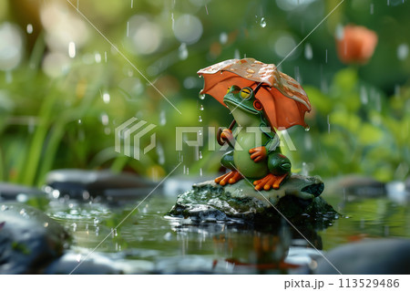 傘を持つ蛙の陶器 113529486