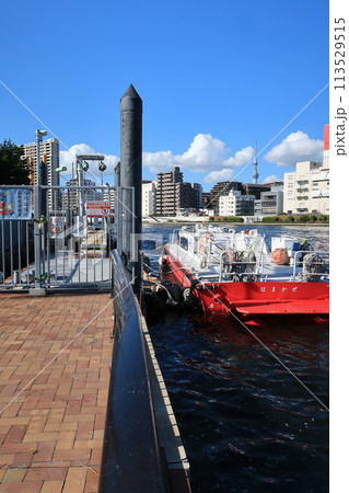 東京都日本橋浜町付近の隅田川沿岸に停泊する水難救助艇 東京都日本橋浜町付近の隅田川沿岸に停泊する水難救助艇 113529515