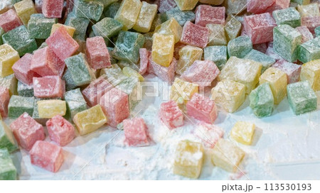 Turkish lokum, also known as Turkish delight, is a popular confectionery in Turkey. Lokum comes in a variety of colors and flavors 113530193