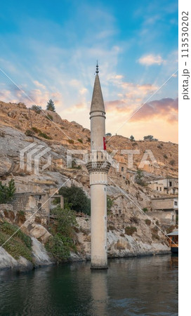 Halfeti village with sunken mosque and minaret in Euphrates river. This place is a popular touristic destination Halfeti village with sunken mosque and minaret in Euphrates river. This place is a popular touristic destination 113530202