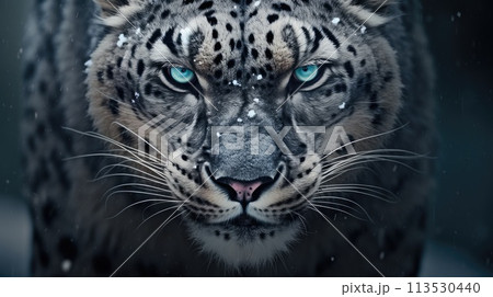 Front view of a fierce snow leopard. Generative AI 113530440