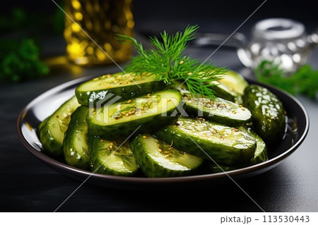 Homemade fermented pickled cucumbers in a plate. Homemade fermented pickled cucumbers in a plate. 113530443