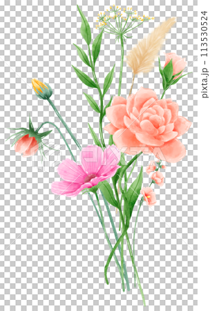 Handdrawn watercolor illustration clipart of detailed Spring Wildflowers meadow bouquets collection Floral arrangements greeting cards wedding invitation Elegant ethereal nature 113530524