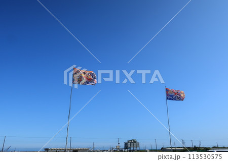 青空に掲げた大漁旗 九十九里海の道 青空に掲げた大漁旗 九十九里海の道 113530575