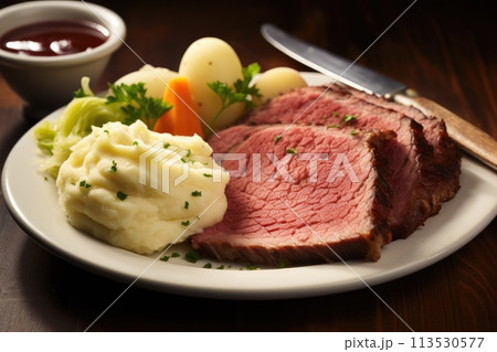 Corned beef is served with mashed potatoes. Generative AI Corned beef is served with mashed potatoes. Generative AI 113530577