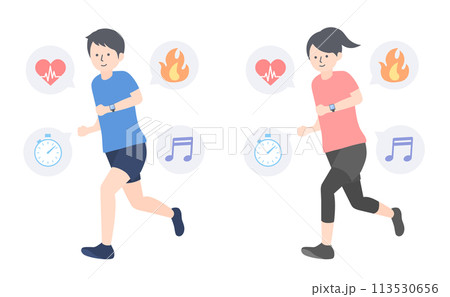 スマートウォッチを見ながら走っている男女のイラストセット 113530656