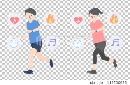 スマートウォッチを見ながら走っている男女のイラストセット 113530656