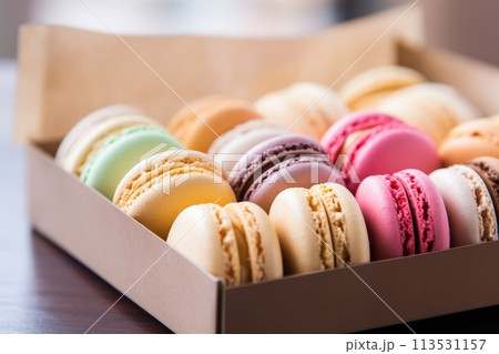 Macarons in paper box. Generative AI 113531157