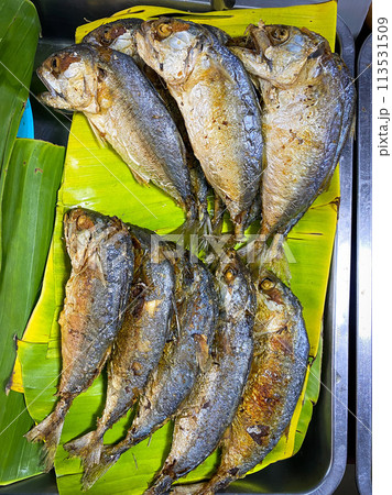 Fried mackerel or Platoo in the Thai language for sale in the market Fried mackerel or Platoo in the Thai language for sale in the market 113531509