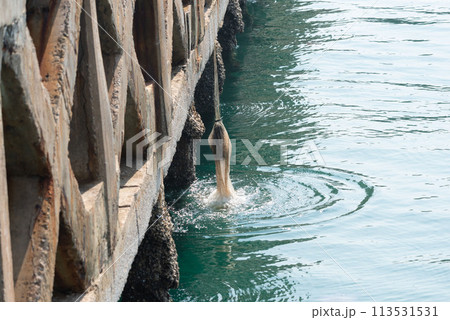 Fishermen hauling nets at sea by a concrete Pier. Fishermen hauling nets at sea by a concrete Pier. 113531531