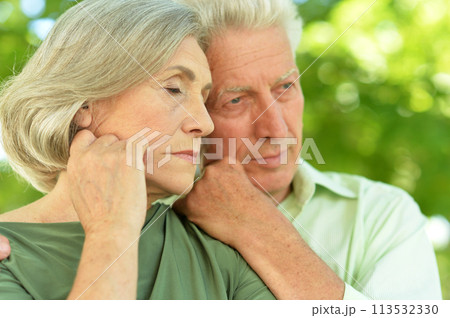 Portrait of sad senior couple in park Portrait of sad senior couple in park 113532330