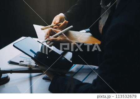 Businessman and Male lawyer or judge consult having team meeting with client, Law and Legal services concept. Businessman and Male lawyer or judge consult having team meeting with client, Law and Legal services concept. 113532679