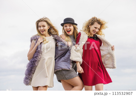Three fashionable woman outdoor Three fashionable woman outdoor 113532907