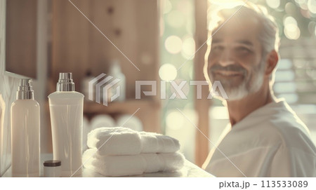Serene spa indulgence, a glamorous older man luxuriates in a tranquil spa setting, embodying body and facial care, surrounded by health-enhancing lotions and wellness items for ultimate relaxation 113533089