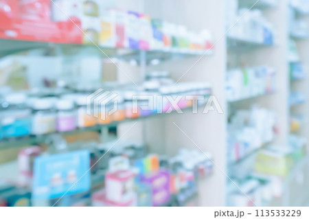 pharmacy drugstore shelves interior blurred abstract background pharmacy drugstore shelves interior blurred abstract background 113533229