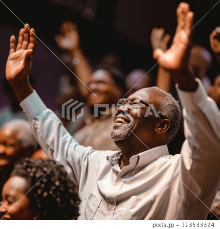 Capturing divine moments: church worship concept Christians, raised hands, earnestly pray and worship to cross in the sacred ambiance of a church building, expressing faith and spiritual connection. Capturing divine moments: church worship concept Christians, raised hands, earnestly pray and worship to cross in the sacred ambiance of a church building, expressing faith and spiritual connection. 113533324