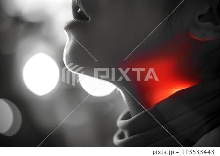 Person is experiencing a sore throat, depicting the discomfort and irritation of a throat ailment, medical attention for soothing relief and recovery, discomfort, colds disease virus bacteria 113533443