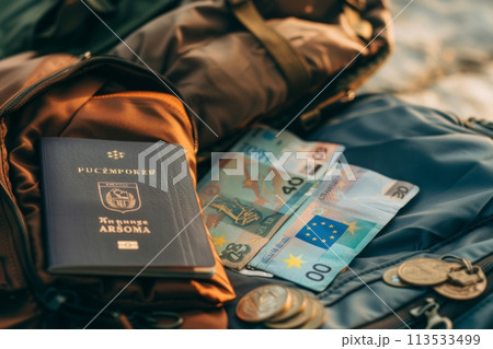 European passport and euro currency in backpack, representing readiness for travel European passport and euro currency in backpack, representing readiness for travel 113533499