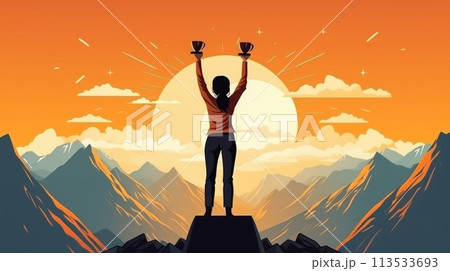 Triumphant success: in sports, in competition, in personal goals, victory celebration and business achievement, triumphant moment of success and accomplishment in corporate endeavors 113533693