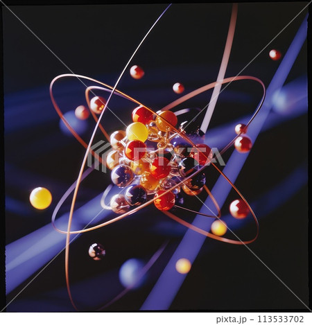 Atomic dance: subatomic realm, electrons, neutrons, and protons orbit a fixed nucleus in a model empty space within atoms, showcasing set, predictable paths in the intricate world of particle physics 113533702