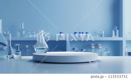 Pharmacology medicine stand mockup, empty podium on table with banner and copy space, showcasing pharmaceutical products, research, and innovation in the healthcare industry. 113533731