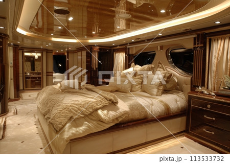 Luxurious yacht bedroom featuring elegant decor, rich wood finishes, and plush bedding 113533732