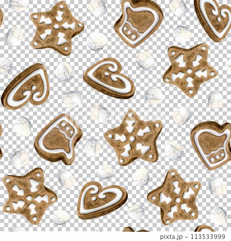 Gingerbread cookies of snowflakes, heart and mitten shape with white marshmallow Christmas seamless pattern on white background for New Year festive and delicious designs Gingerbread cookies of snowflakes, heart and mitten shape with white marshmallow Christmas seamless pattern on white background for New Year festive and delicious designs 113533999