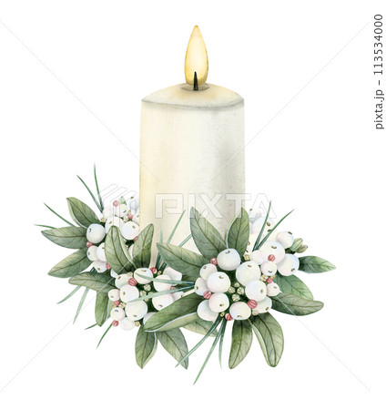 Christmas candle with winter snowberry branches and white berries watercolor isolated illustration for floral New Year holiday greeting cards in vintage style and colors Christmas candle with winter snowberry branches and white berries watercolor isolated illustration for floral New Year holiday greeting cards in vintage style and colors 113534000