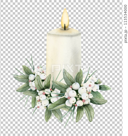 Christmas candle with winter snowberry branches and white berries watercolor isolated illustration for floral New Year holiday greeting cards in vintage style and colors Christmas candle with winter snowberry branches and white berries watercolor isolated illustration for floral New Year holiday greeting cards in vintage style and colors 113534000