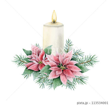 Christmas burning candle with pink poinsettia flowers and fir tree branches watercolor isolated illustration for New Year holiday greeting cards in realistic style and vintage colors Christmas burning candle with pink poinsettia flowers and fir tree branches watercolor isolated illustration for New Year holiday greeting cards in realistic style and vintage colors 113534001