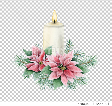 Christmas burning candle with pink poinsettia flowers and fir tree branches watercolor isolated illustration for New Year holiday greeting cards in realistic style and vintage colors Christmas burning candle with pink poinsettia flowers and fir tree branches watercolor isolated illustration for New Year holiday greeting cards in realistic style and vintage colors 113534001