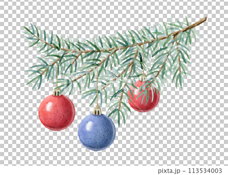 Red and blue Christmas balls ornaments on fir branch watercolor illustration isolated on white background. Hand drawn green spruce tree with hanging decorations for winter holidays greeting card Red and blue Christmas balls ornaments on fir branch watercolor illustration isolated on white background. Hand drawn green spruce tree with hanging decorations for winter holidays greeting card 113534003