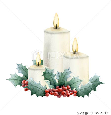 Christmas burning candles with red holly berries and green leaves watercolor isolated illustration for New Year holiday greeting cards in vintage style and colors Christmas burning candles with red holly berries and green leaves watercolor isolated illustration for New Year holiday greeting cards in vintage style and colors 113534013