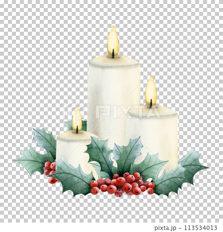Christmas burning candles with red holly berries and green leaves watercolor isolated illustration for New Year holiday greeting cards in vintage style and colors Christmas burning candles with red holly berries and green leaves watercolor isolated illustration for New Year holiday greeting cards in vintage style and colors 113534013