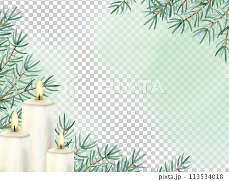 Christmas card horizontal template with white candles and fir branches on green watercolor splash background. Hand drawn illustration banner for winter holiday season and New year designs Christmas card horizontal template with white candles and fir branches on green watercolor splash background. Hand drawn illustration banner for winter holiday season and New year designs 113534018