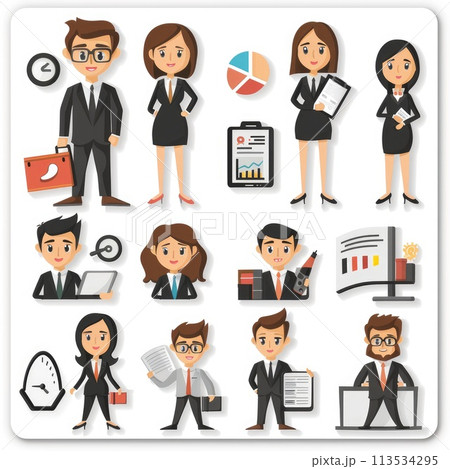 Business finance marketing cartoon sticker, playful illustrations on white background, isolated and cut out, offering whimsical depictions of financial concepts for engaging marketing materials. 113534295