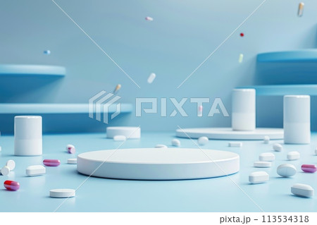 Pharmacology medicine stand mockup, empty podium on table with banner and copy space, showcasing pharmaceutical products, research, and innovation in the healthcare industry. 113534318