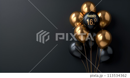 Happy birthday, happy 16: cheerful text celebrating the joyous occasion of turning sixteen, a milestone filled with happiness and excitement 113534362