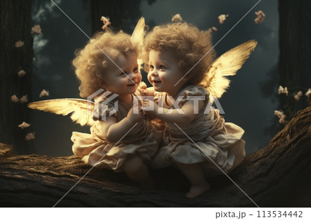 angel art cupid Cute children, purity innocence, wings with feathers fly, bible religion, baptism christening god, newborn cupid kindness birthday greetings . 113534442